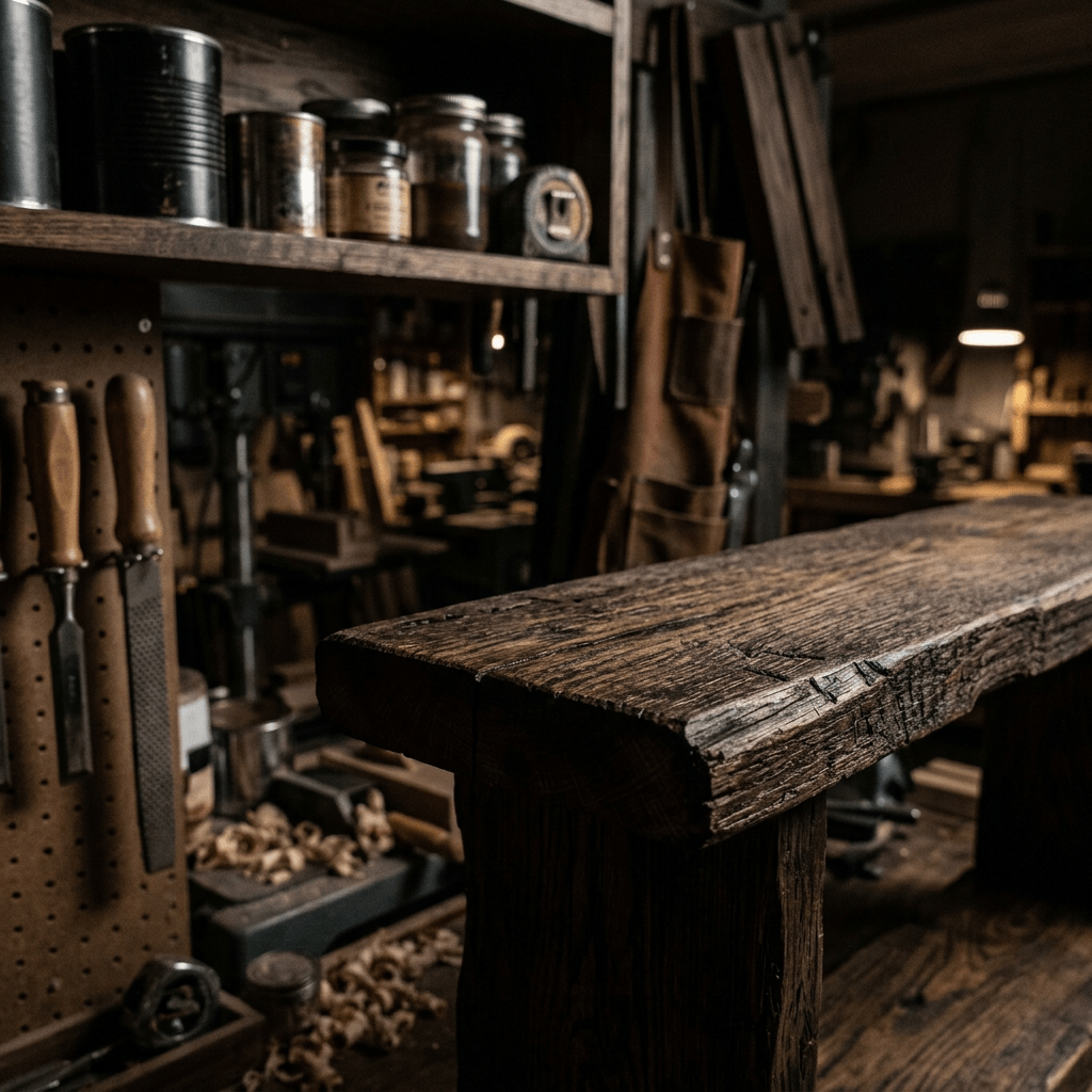 Wooden workbench with woodworking tools and shavings in workshop