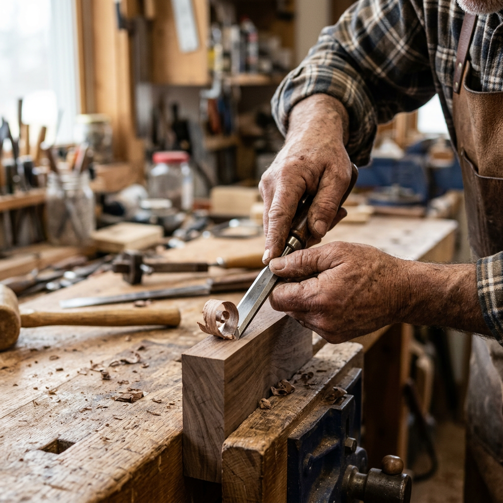 Hands carving a wooden block with a chisel in a woodworking shop