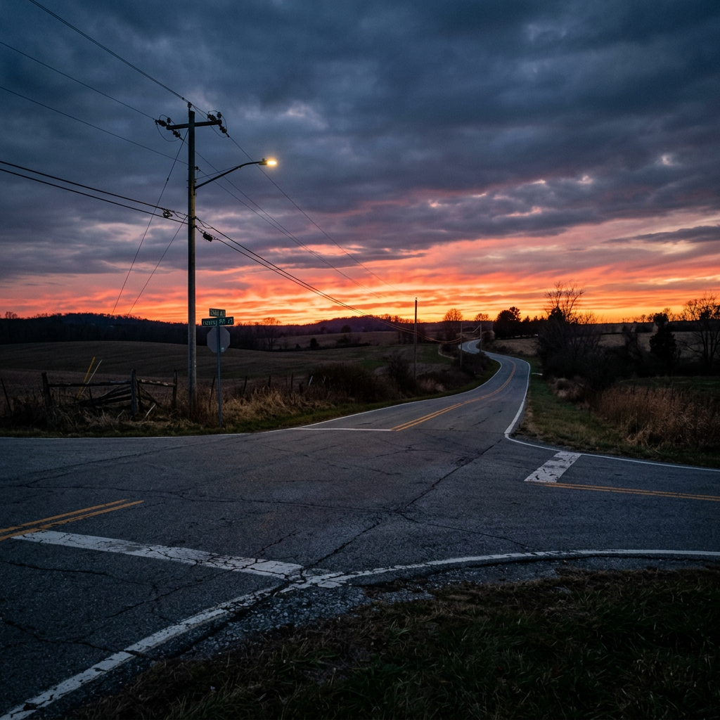 Winding country road with utility pole at sunset