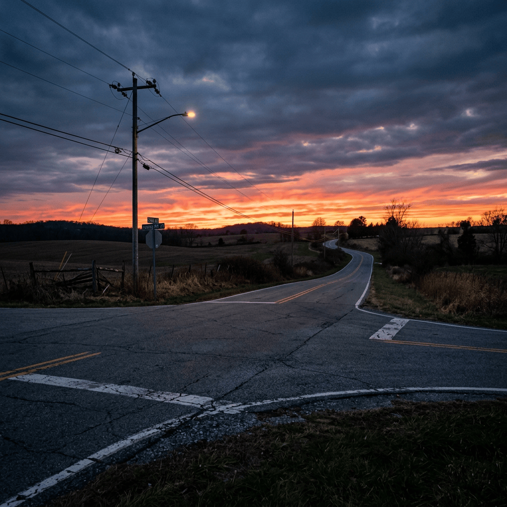 Winding country road with utility pole at sunset